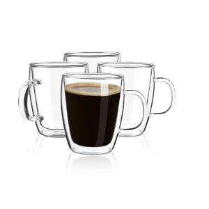 YUNCANG Double Wall Coffee Mugs, (4-Pcak) 16 Ounces-Clear Glass Cups with Handle,lnsulated,Cappuccino,Tea,Latte Cups,Beverage Glasses Heat Resistant