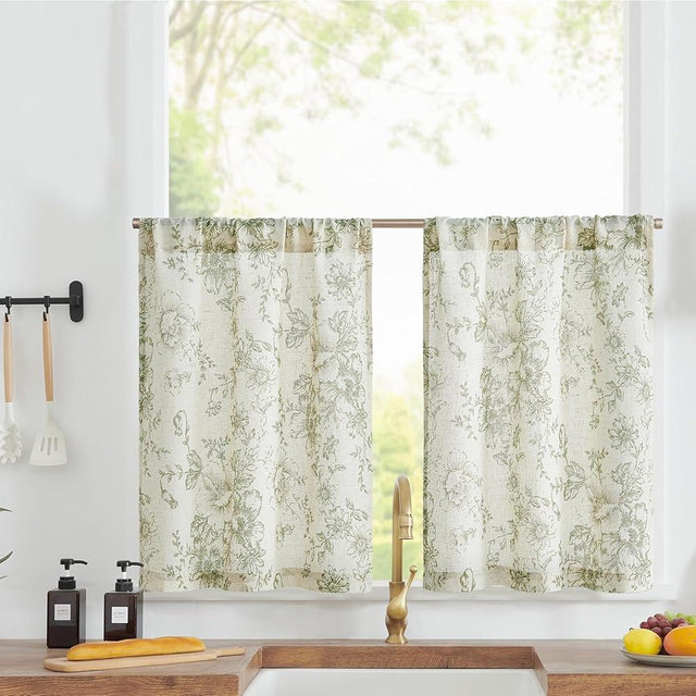 jinchan Floral Linen Tier Curtains 30 Inch Farmhouse Botanic Cafe Drapes for Small Windows Rustic Half Window Curtains for Kitchen Living Room Bathroom Laundry 2 Panels Green on Beige