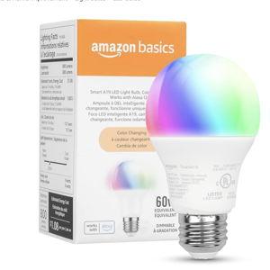 Amazon Basics Smart A19 LED Light Bulb, Color Changing, 9W (60W Equivalent), 800LM, Works with Alexa Only, 2.4 GHz Wi-Fi, No Hub Required, 1 Pack