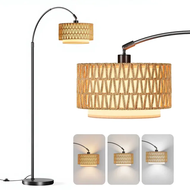 SUGIFT Arc Floor Lamp for Living Room with Remote Control, Rattan Boho Standing Lamp, Dimmable Tall Floor Lamp with 3 Color Temperatures