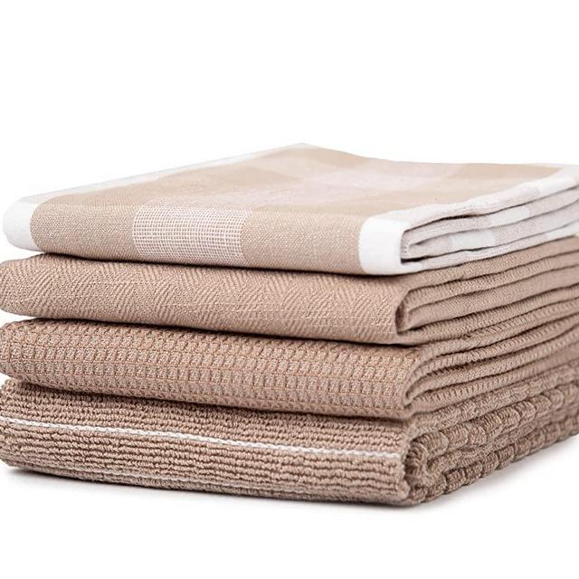 Sticky Toffee Mixed Pack Kitchen Dish Towels, Oeko-Tex Certified 100% Cotton, Flat, Terry, Waffle and Herringbone, 4 Pack, 28 in x 16 in, Tan