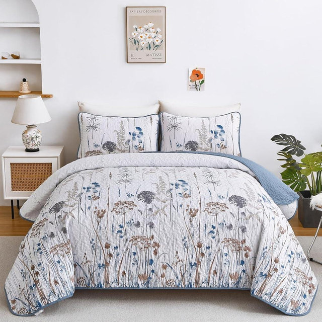 Dobuyly Blue Quilt Queen Size Floral Botanical Queen Quilt Bedding Set 3 Pieces Soft Lightweight Microfiber Brown Flower Bedspread Coverlet Set for All Season, 96"x90"