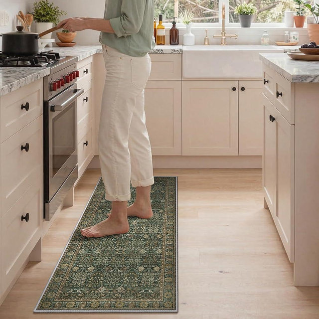 GENIMO Kitchen Rugs Non Slip Washable, 2PCS Kitchen Mats for Floor, Cushioned Standing Mat, Kitchen Runner Rug Floor Mat for Hallway, Laundry, Sink, Entryway, Home, 20"x32"+20"x48", Dark Green/Multi