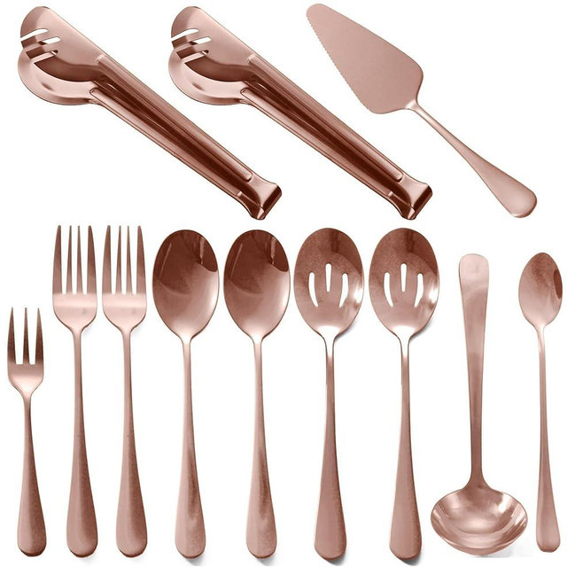 Rose Gold Serving Utensils, 12 Pcs Stainless Steel Buffet Serving Utensil with Serving Spoon Slotted Spoons Serving Forks Soup Ladle Serving Tongs Pie Server, Utensils Set Great for Banquet
