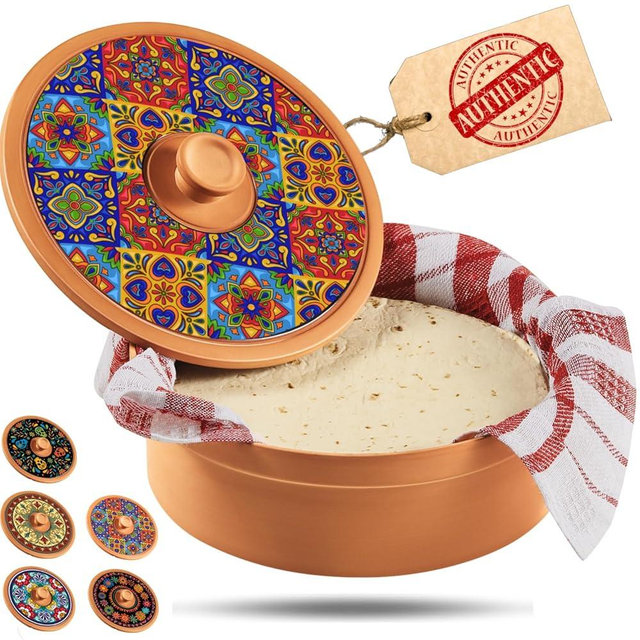 woobud Authentic Terracotta Tortilla Warmer w Decorative Lid, Mexican Terra Cotta Tortillas Holder w Warmer Cloth, Traditional Clay Tortilla Container Heater & Tortillero - Mediterranean Talavera