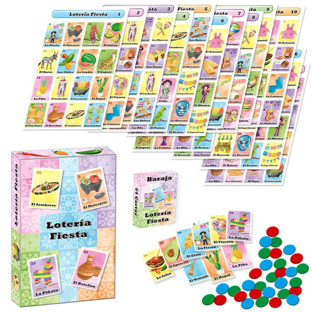 Loteria Fiesta Deluxe Game Set in Spanish, for Up to 20 Players - 20 Boards, Full Deck of Cards and with Chips