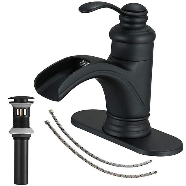 Bathlavish Bathroom Faucet Matte Black Waterfall for Sink Single Hole Vanity Farmhouse with Pop up Drain Assembly Sink Lavatory Faucets 1 Handle Mixer Tap with Overflow Supply Line Lead-Free