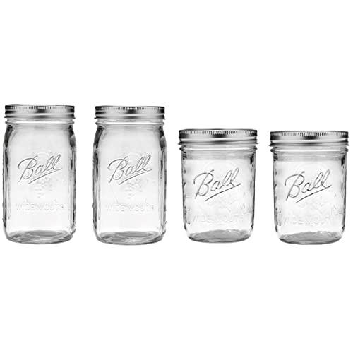 Ball Mason Wide Mouth Jars with Lids and Bands, Set of 4 Jars, Two 32oz Jars + Two 16oz Jars (Bundle Pack)
