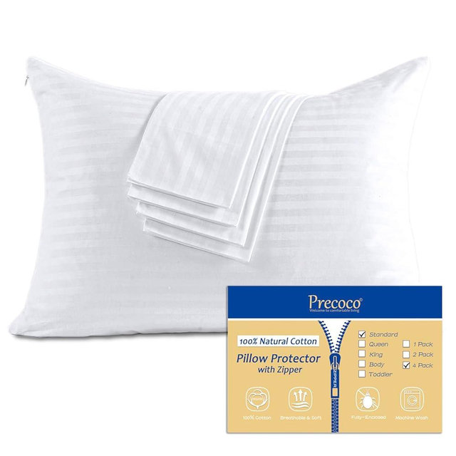 Precoco 100% Cotton Pillow Protectors with Zipper, Standard 4-Pack, White, 20x26 in