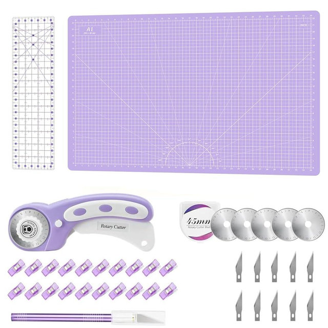 Headley Tools Rotary Cutter Set - 45mm Fabric Cutter, 5 Extra Rotary Blades, A1 Cutting Mat, Quilting Ruler and Sewing Clips, Craft Knife Set, Ideal for Crafting, Sewing, Patchworking, Purple