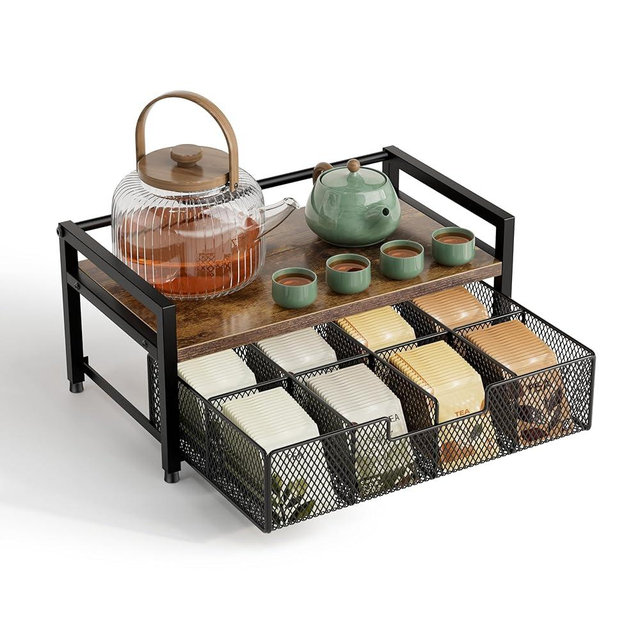Segtenant Tea Bag Organizer, Tea Bag Holder with Drawer, Wood and Metal Tea Organizers and Storage Chest for Countertop Kitchen, Office, Rustic Brown