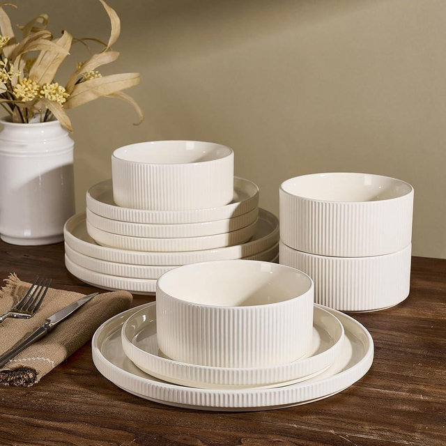 Richmount Star 12-Piece Plates and Bowls Set, Porcelain Dinnerware Sets for 4 Service, Modern Dish Set-Chip and Scratch Resistant, Dishwasher & Microwave Safe, Creamy White