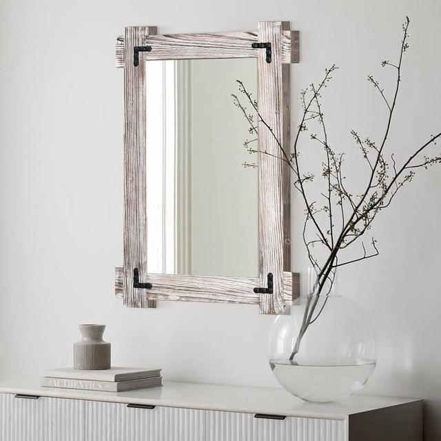 MeMoreCool Farmhouse Rustic Wood Framed Bathroom Mirror, Decorative Wall Mounted Rectangular Mirror for Bedroom, Living Room, or Bathroom, 24x36 Inch, White