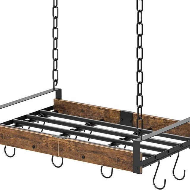 Creso hom Hanging Pot Rack, 24x13 Inch Pot Hangers for Kitchen with 12 S-Shaped Hooks, Vintage Ceiling Mounted Pan Holder with Raised Edges for Cookware Storage, Rustic Brown and Classic Black