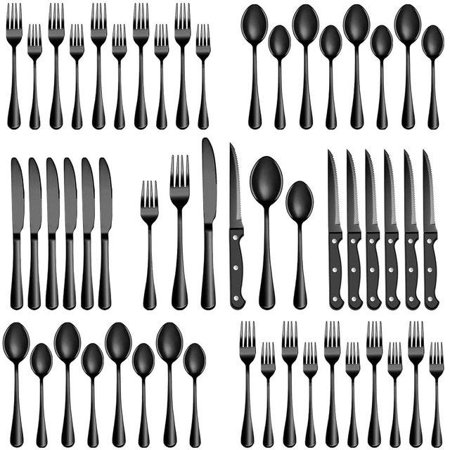 36 Pcs Black Silverware Set with Steak Knives, Stainless Steel Flatware Cutlery Set Service for 6, Kitchen Tableware Set, Utensil Set for Home and Restaurant, Knives Forks Spoon Set, Dishwasher Safe