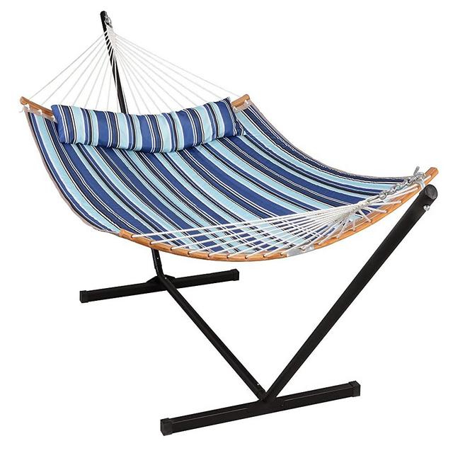 SUNCREAT Double Hammock with Stand Included, Portable Hammock with Stand and Large Pillow, Blue Stripes