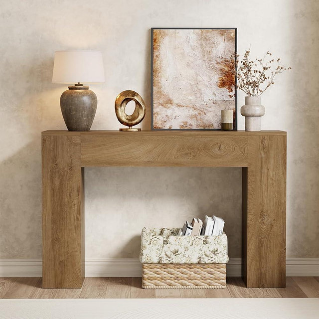 Wood Console Table for Entryway Living Room, 43-Inch Modern Sofa Table, Farmhouse Small Rectangular Accent Console with Wooden Double Base for Behind Couch Hallway Foyer Entrance, Light Oak Brown