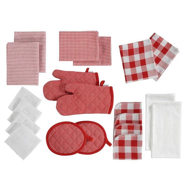 LANE LINEN Kitchen Dish Towels Set - 6 Absorbent Kitchen Hand Towels, 4 Dish Cloths for Washing Dishes, 4 Waffle Dish Washing Scrubbers, 2 Flour Sack Kitchen Towels, 2 Potholders & 2 Oven Mitts - Red