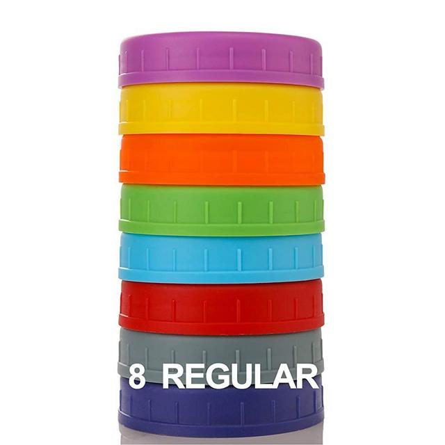 REGULAR Mouth Mason Jar Lids [8 Pack] for Ball, Kerr and More - Colored Plastic Storage Caps for Mason/Canning Jars - Leak-Proof & Anti-Scratch Resistant Surface