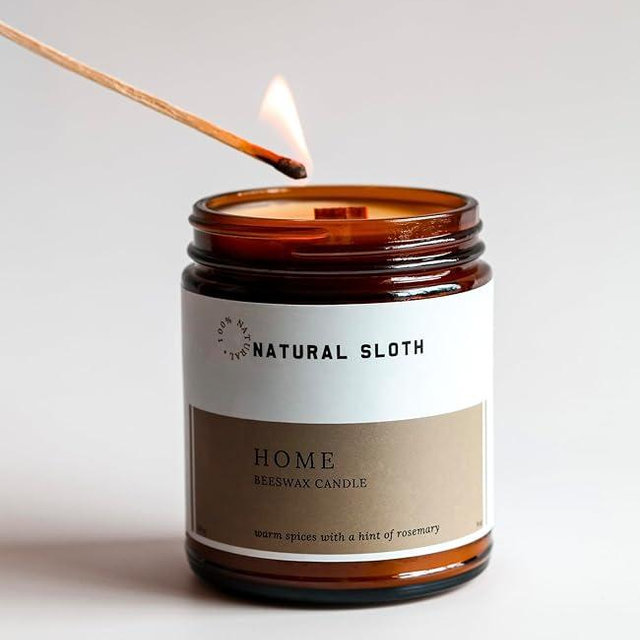 Home Natural Sloth 9 oz Beeswax Candle with Pure Essential Oils, Non-Toxic, Made Safe® Certified, Wooden Wick, Clean Burning (Home)