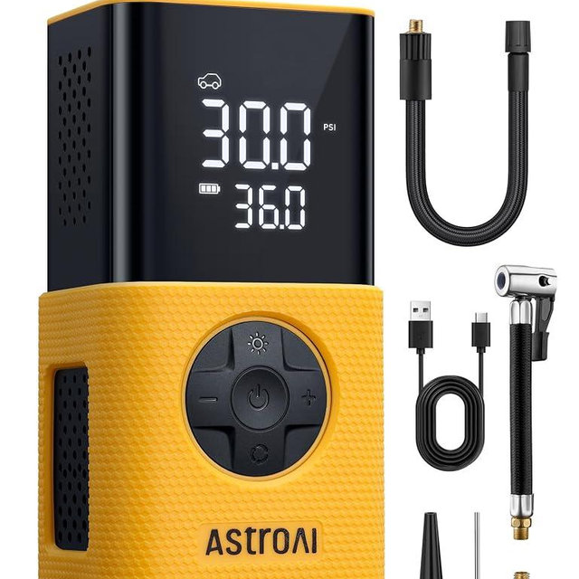 AstroAI L7S Tire Inflator Portable Air Compressor Cordless with Digital Pressure Gauge, 150 PSI LED Light Bike Air Pump with Fast Inflation & Auto Shut-Off for Car Tires,Motorcycles,Bikes,Balls,Yellow