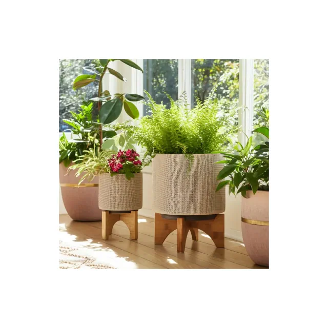 Set of 2 Ceramic Planters with Bamboo Stands - Textured Tan Indoor/Outdoor Plant Pots for Home & Garden - Modern Decorative Flower Pots - 10.5" & 7"