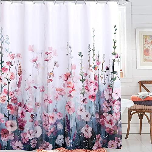 YoKii Boho Floral Fabric Shower Curtain 78-Inch Long Fairy Garden Wildflower Bouquet and Botanical Plant Cute Bathroom Shower Curtains Set Modern Farmhouse Bath Curtain (72’’W x 78’’L, Pink)