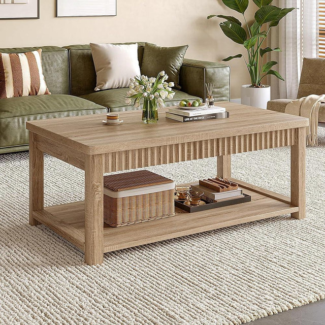 Homkdom Coffee Table, 39 Inch Modern Coffee Tables for Living Room with 2-Tier Storage & Wave-Edge, Oak Center Table for Bedroom/Office