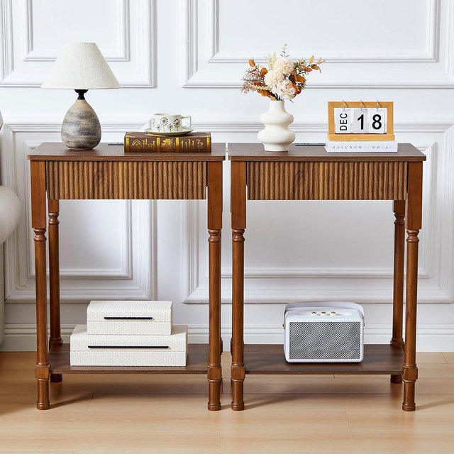 Night Stand Set of 2,Fluted Nightstand with Charging Station, 23.6” Large Bed Side Table End Table with Drawer,Modern Mid Century Wooden Night Stands Bedside for Bedroom Living Room Sofa Office,Walnut