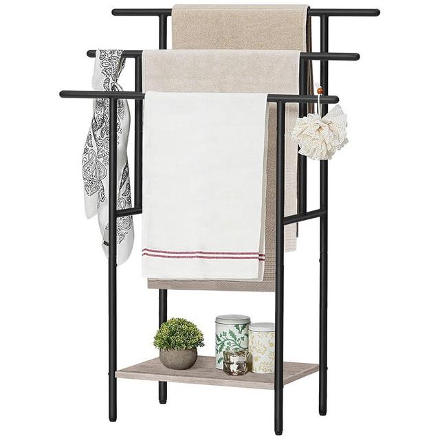 HOOBRO 39.4" Tall Freestanding Towel Rack for Bathroom, 3 Tier Stepped Blanket Rack with Shelf, Oversized Bath Towels Drying and Display Rack, Black and Rustic Brown BG50LB01