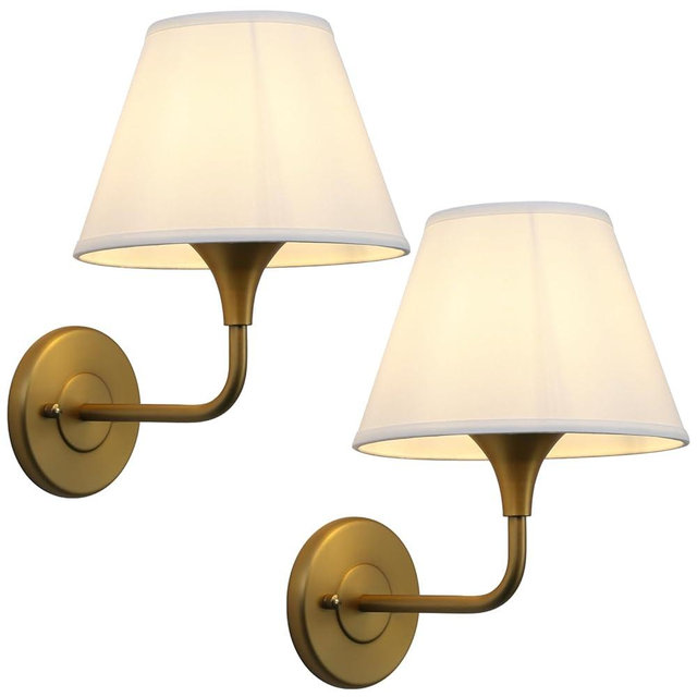 PERMO Wall Sconces Set of 2 Traditional Gold Sconce with 6.3" High Linen Lampshade Hardwired Set of Two Wall Light for Living Room Bedroom Hallway Bathroom Stairs Kitchen