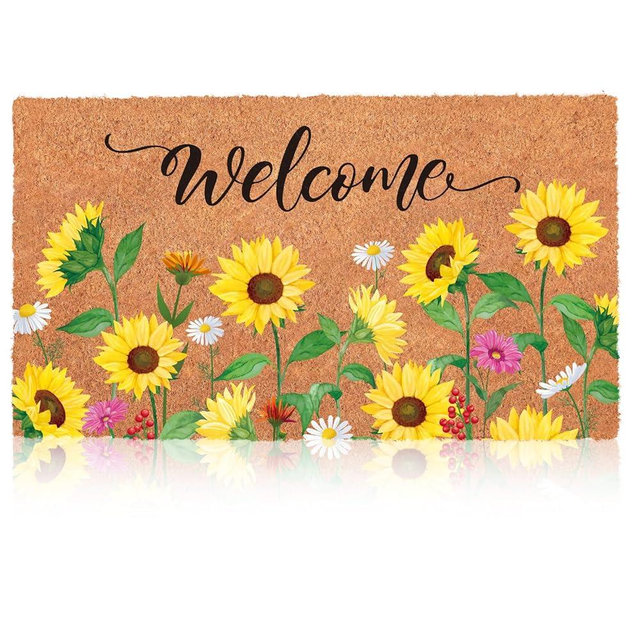 Blosssound Summer Floral Coir Doormat 17x29 Inch Sunflower Welcome Mats Spring Colorful Flower Rugs Decorative Front Porch Rug Non Slip Entrance Door Mat Farmhouse Home Decoration Supplies