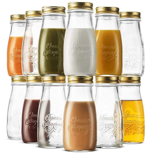Bormioli Rocco Quattro Stagioni Glass Drinking jar bottle 13½ Ounce Milk Bottles with Gold Metal Airtight Lids, For Juicing, Smoothies, Homemade Beverages Bottle, Reusable Glass Water Bottle (12 Pack)