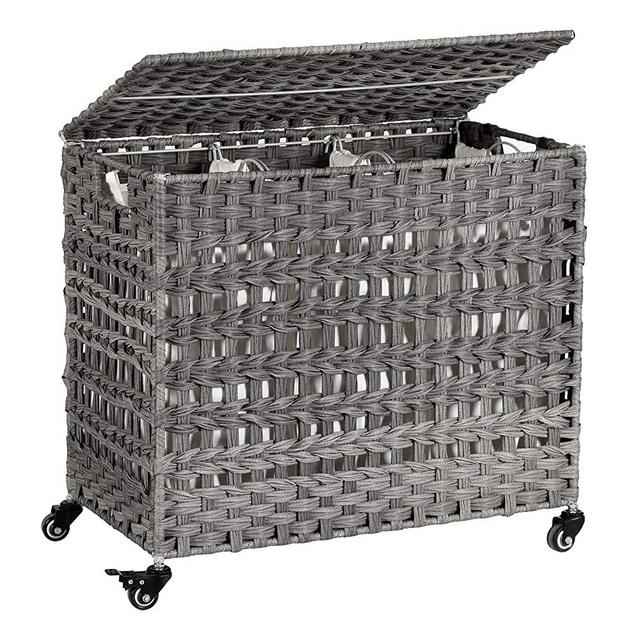 SONGMICS Handwoven Laundry Hamper with Lid, Rattan-Style Laundry Basket with 3 Removable Liner Bags, Handles, Laundry Sorter, for Living Room, Bathroom, Laundry Room, Gray ULCB083G02