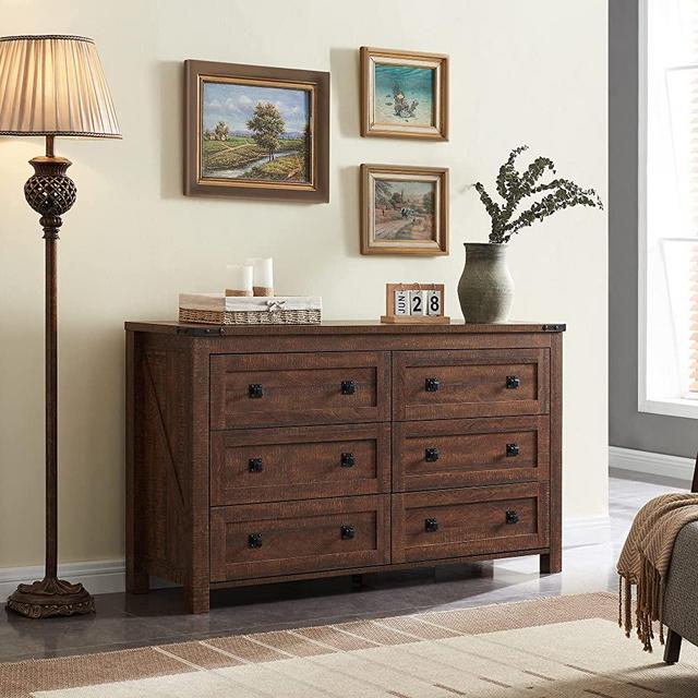 T4TREAM Farmhouse 6 Drawers Dresser Chests for Bedroom, Wood Rustic Wide Chset of Drawers,Storage Dressers Organizer for Bedroom, Living Room,Hallway, Reclaimed Barnwood