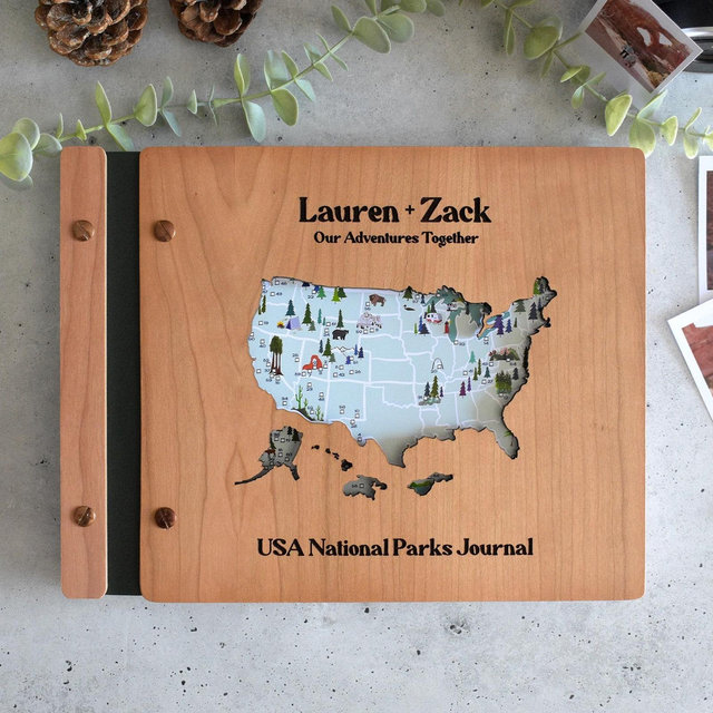 USA National Park Map Adventure Book, National Park Sign, Wooden Travel Map, Gift for Dad, Personalized Travel Journal, Gift for Adventurers