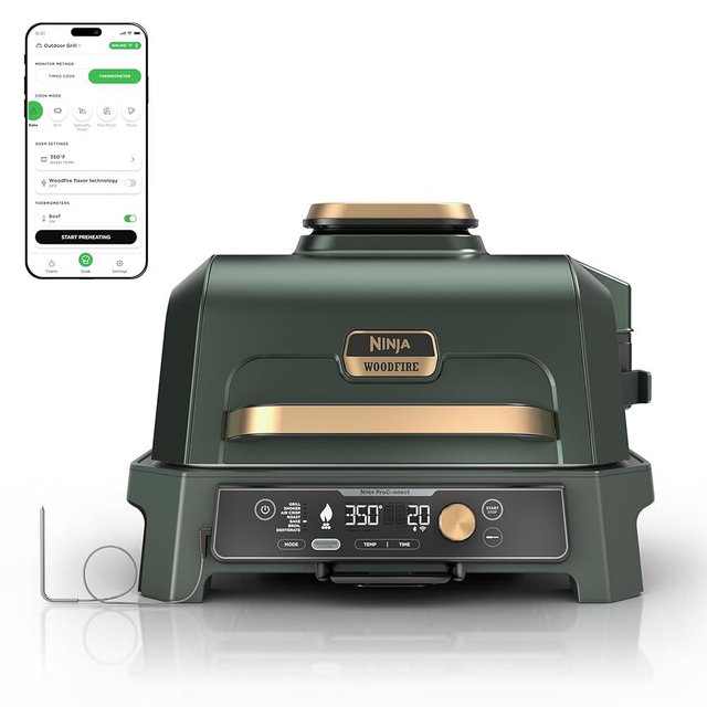 Ninja Woodfire Pro Connect XL Outdoor Grill & Smoker | Bluetooth, App Enabled | 7-in-1 Grill, BBQ Smoker, Outdoor Air Fryer | Woodfire Technology | Built-In Thermometer | Green & Gold | OG951GN2