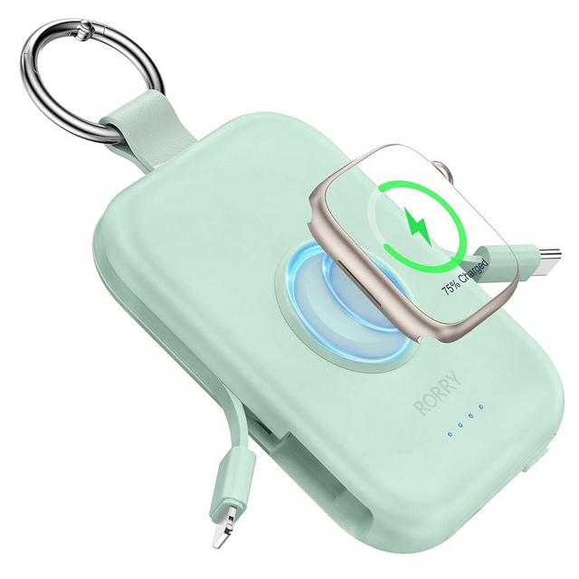 RORRY Portable Charger for Apple Watch, 5000mAh for iWatch Wireless Charger Power Bank with Built-in Cable, Travel Keychain Charger for Apple Watch 9/Ultra2/8/Ultra/7/6/Se/5, iPhone 15/14/13/12, Green