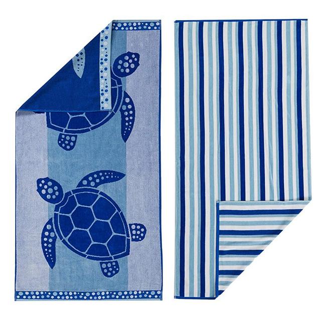 100% Cotton 2-Pack Beach Towel. Soft Absorbent Quick Dry Towel Set. Playa Collection. (30" x 60", Turtles / Stripe)