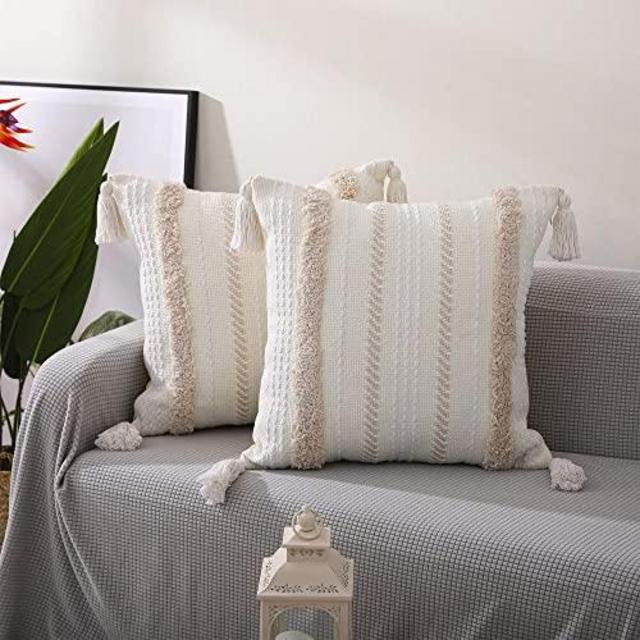 Flber Tufted Tassel Sham Set Lattice Cotton Pillow Covers,19.7in x35.5in,Set of 2