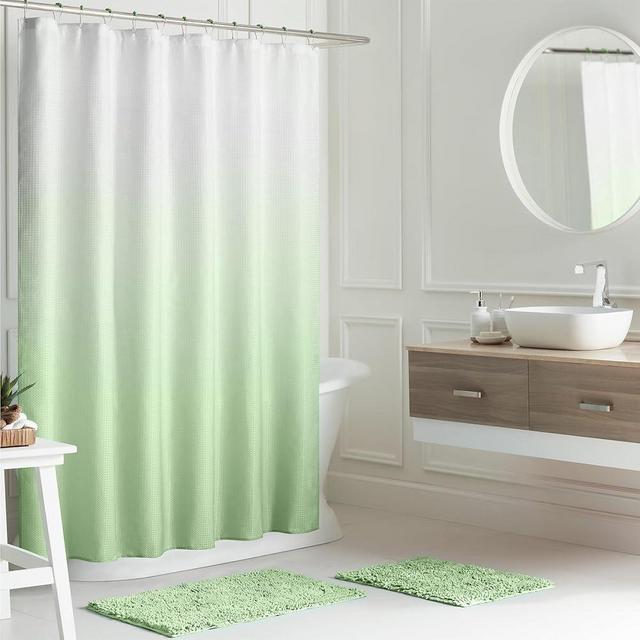 Creative Home Ideas Bathroom Sets with Shower Curtain and Rugs| Shower Curtain Sets with Rugs Includes Shower Curtain, Liner Set, 2 Chenille Bathmats and 12 Hooks | 70" x 72"| Sage Green/White