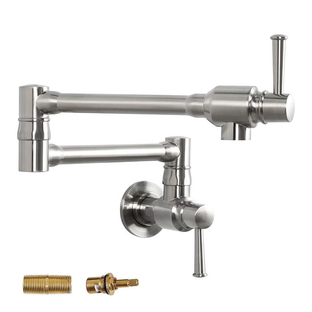 Lordear Solid Brass Pot Filler Faucet,Pot Filler Folding Faucet Over Stove, Kitchen Faucet with Double Joint Swing Arms,Brushed Nickel Finish