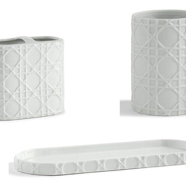 Kassatex 3-Piece Bath Accessory Set, Rattan Bath Accessories | Toothbrush Holder, Tray, Tumbler - Embossed Porcelain