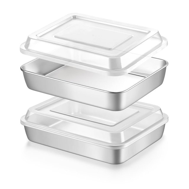 LIANYU 4-Piece Stainless Steel Deep Baking Pan Set with Lids, 10 x 8 Inch Rectangular Cake Pans, Roasting Bakeware for Lasagna, Brownies, Non-Toxic & Dishwasher Safe (2 Pan +2 Lid)