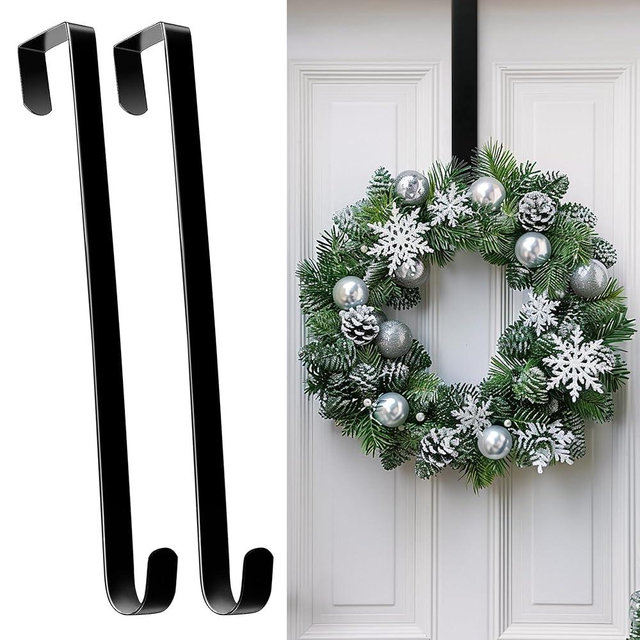 Wreath Hangers for Front Door, 12" Wreath Hanger Door Wreath Hook Over The Door Hanger, Door Wreath Garland Hanger Metal Wreath Holder for Halloween Christmas Front Door Decorations (2 Pack)
