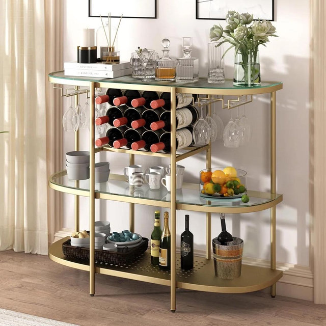 Willa Arlo™ Interiors Itasca Metal Wine Bar Stand with 4-Tier Storage, Tempered Glass Wine Rack Table with Glass Holders & Reviews | Wayfair