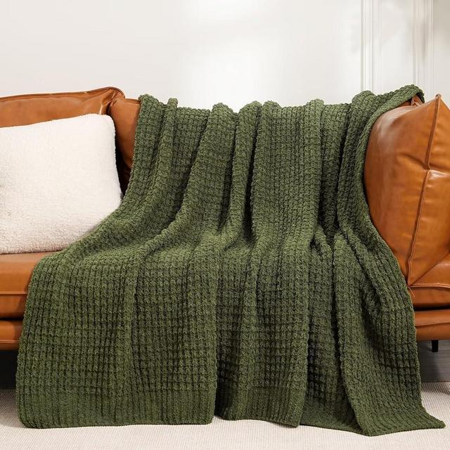 PHF Chenille Waffle Knit Throw Blanket- Plush Warm & Cozy 50" x 60" Ultra Soft Blanket- Chunky Fluffy Waffle Throw Blanket for Couch Bed Sofa - Olive Green