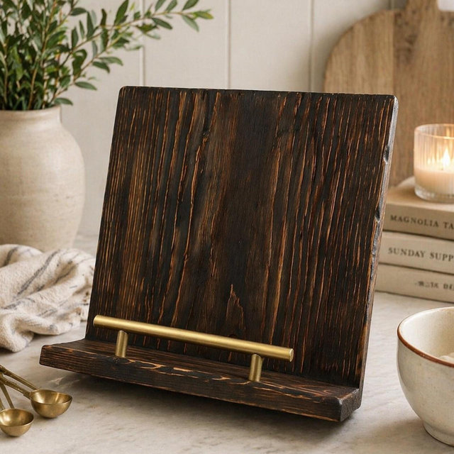 Rustic Wooden Cookbook Holder | Farmhouse Recipe Stand | Distressed Kitchen Counter Display | Handmade Recipe Book Stand