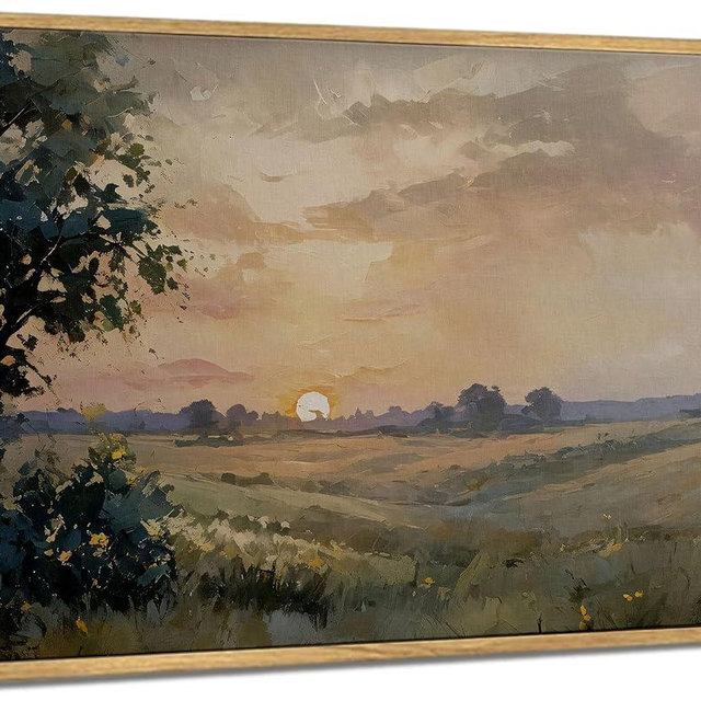 Framed Canvas Wall Art Vintage Decor Poplars Sunset Nature Landscape Painting Picture Wall Decor Rustic Cottagecore Print Artwork for Bedroom Living Room Bathroom Home Decoration