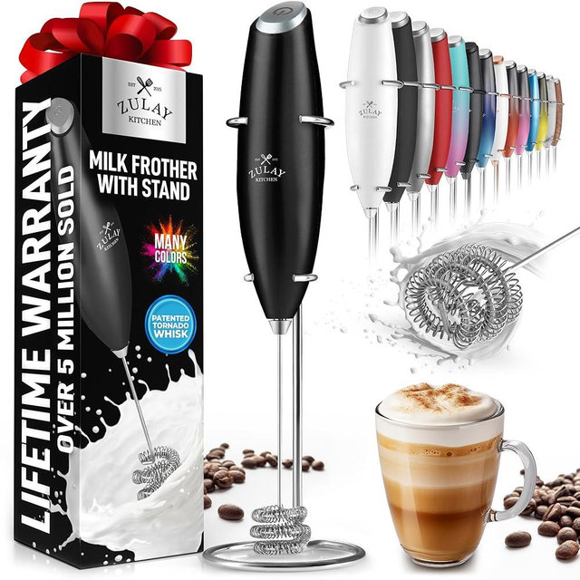 Zulay Kitchen Tornado Whisk Milk Frother Handheld - Coffee Frother Wand With Stand - Triple Whisk Hand Held Mixer - Electric Stirrer Frothing Wand for Latte, Matcha, Protein Powder - Metallic Black